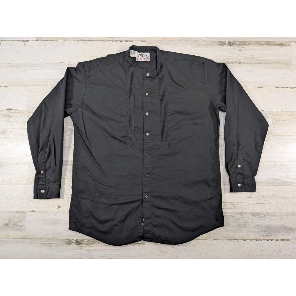 Vintage Roper Shirt Mens Large Black Grandad Collar Frontier USA Made
